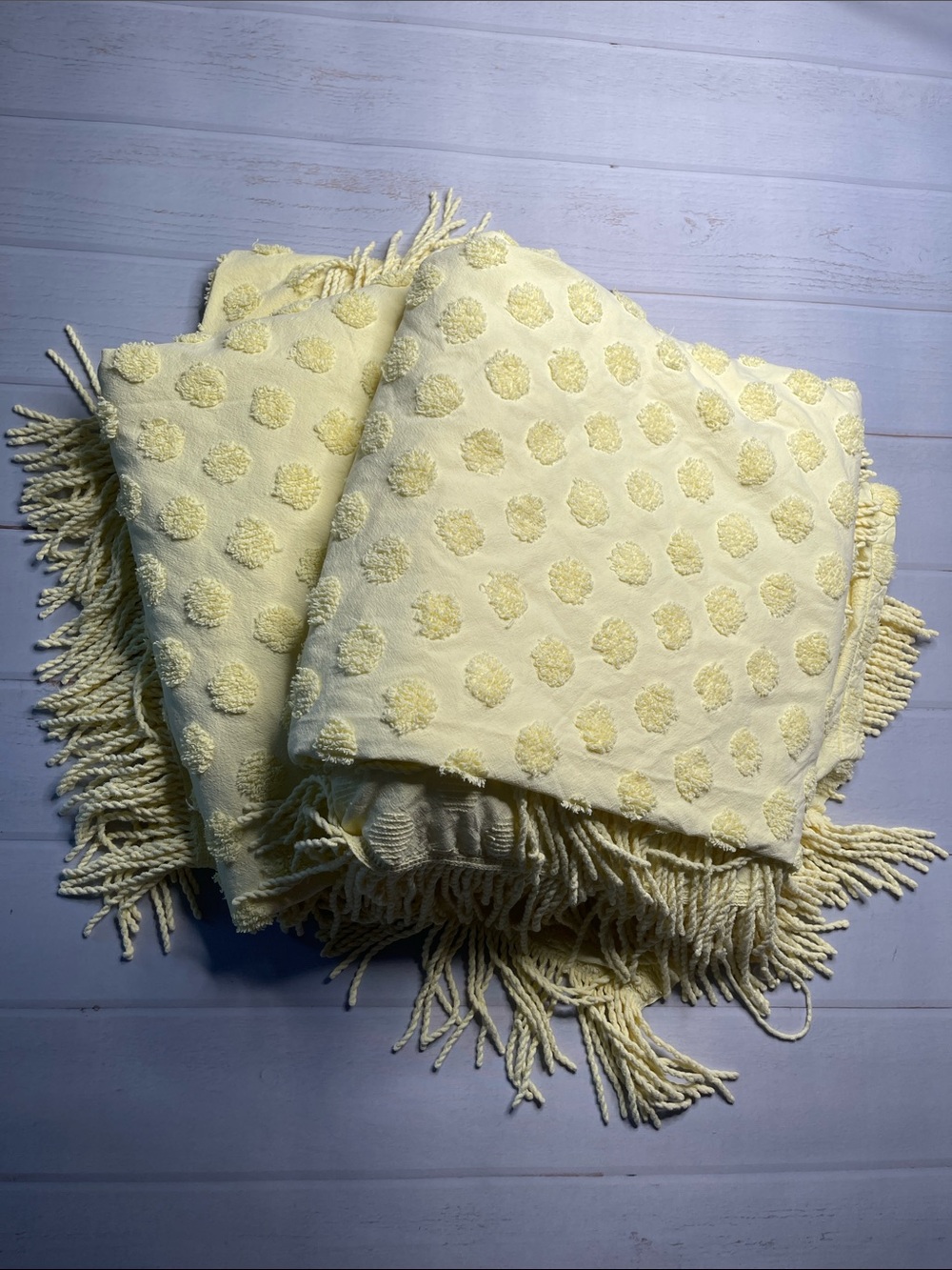 Set of 2 Twin Bedspread Chenille Polka Dots Butter Yellow Fringe Bed Spread